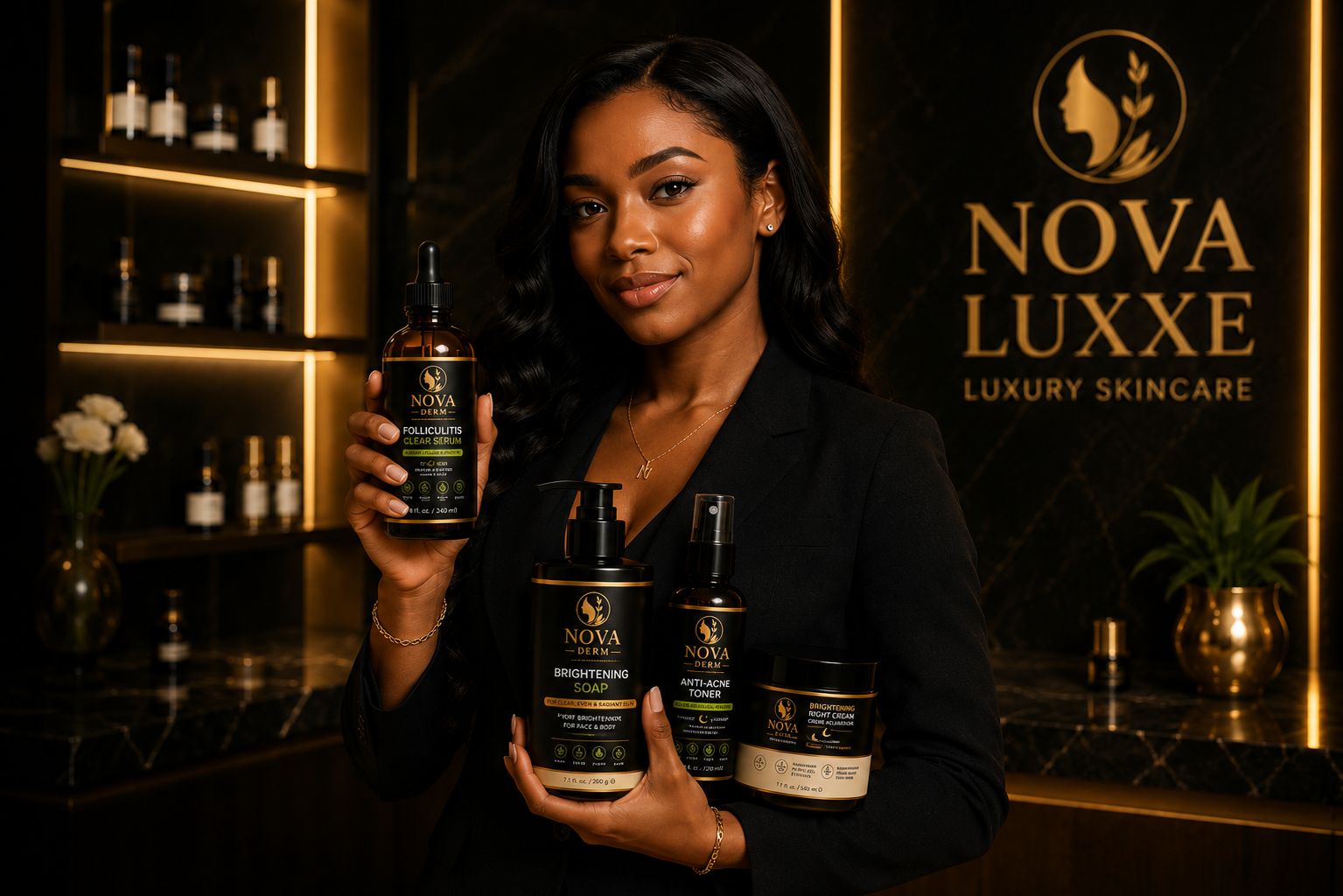 Nova Luxxe ambassador holding a Nova Luxxe skincare product